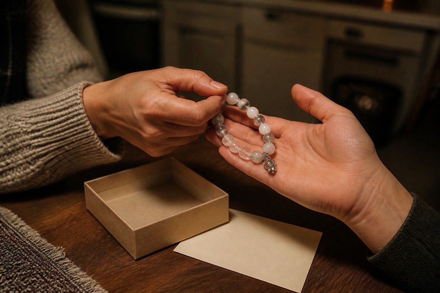 Birthstones gift: two people exchange a pale crystal bracelet beside a small gift box and blank note card