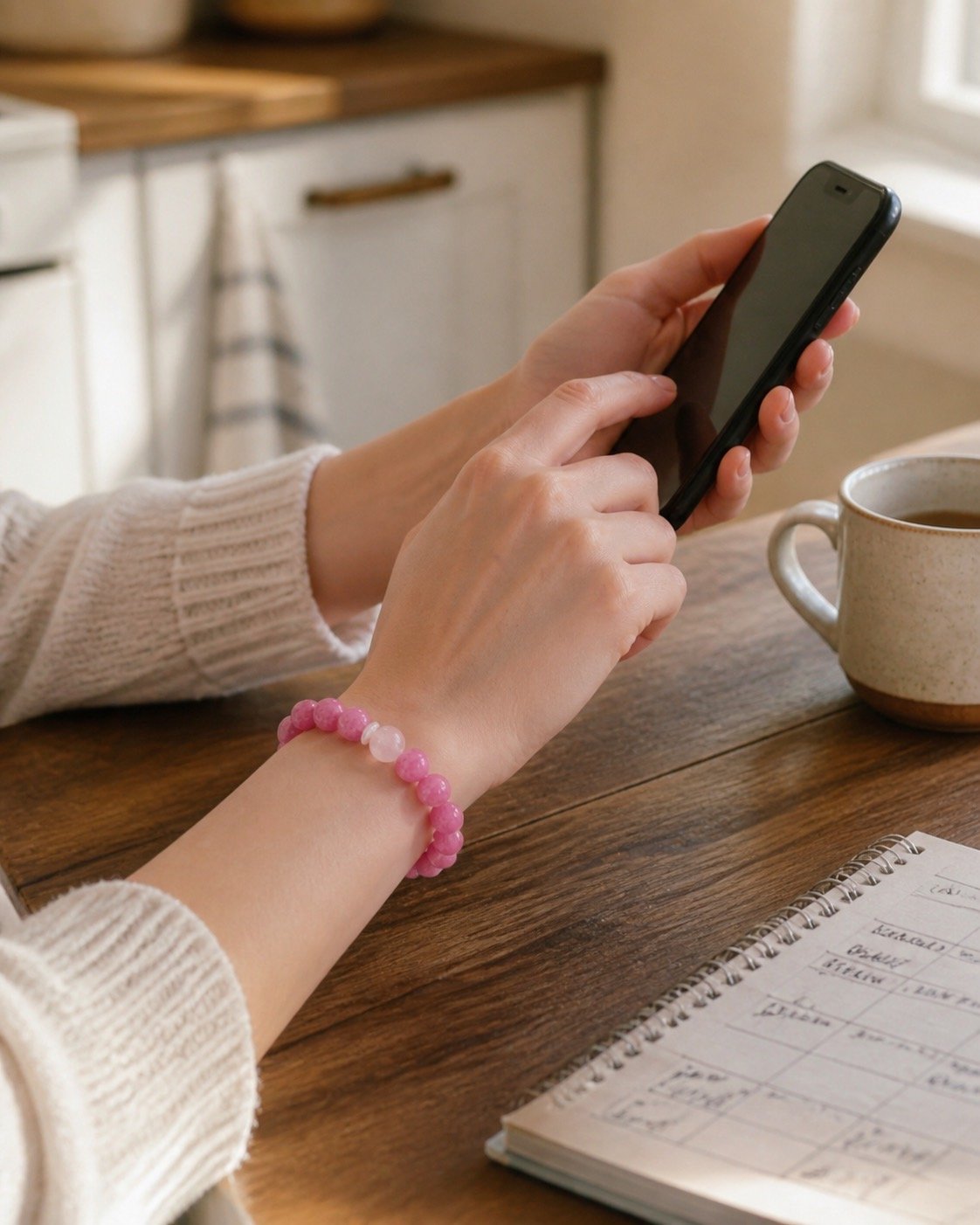 A person wearing a pink stone bracelet sends a thoughtful invitation by phone