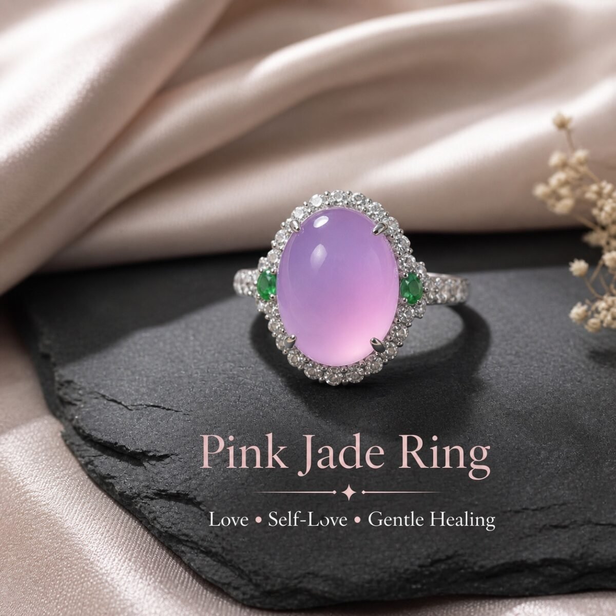 Pink Jade Love Ring with an oval pink cabochon, halo of clear accent stones and small green side stones.