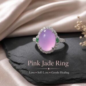 Pink Jade Love Ring with an oval pink cabochon, halo of clear accent stones and small green side stones.