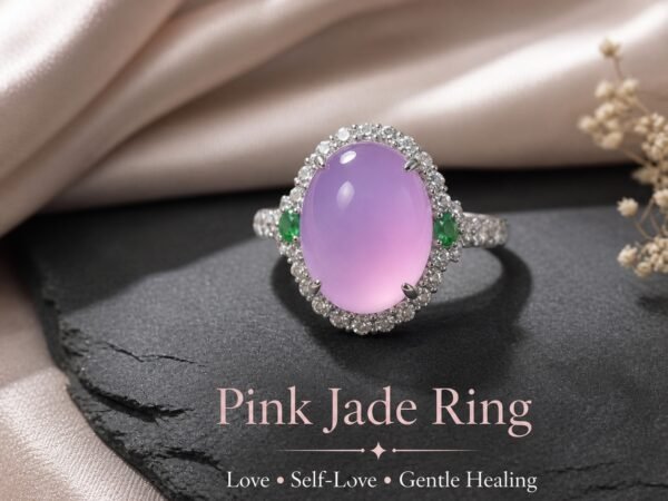 Pink Jade Love Ring with an oval pink cabochon, halo of clear accent stones and small green side stones.