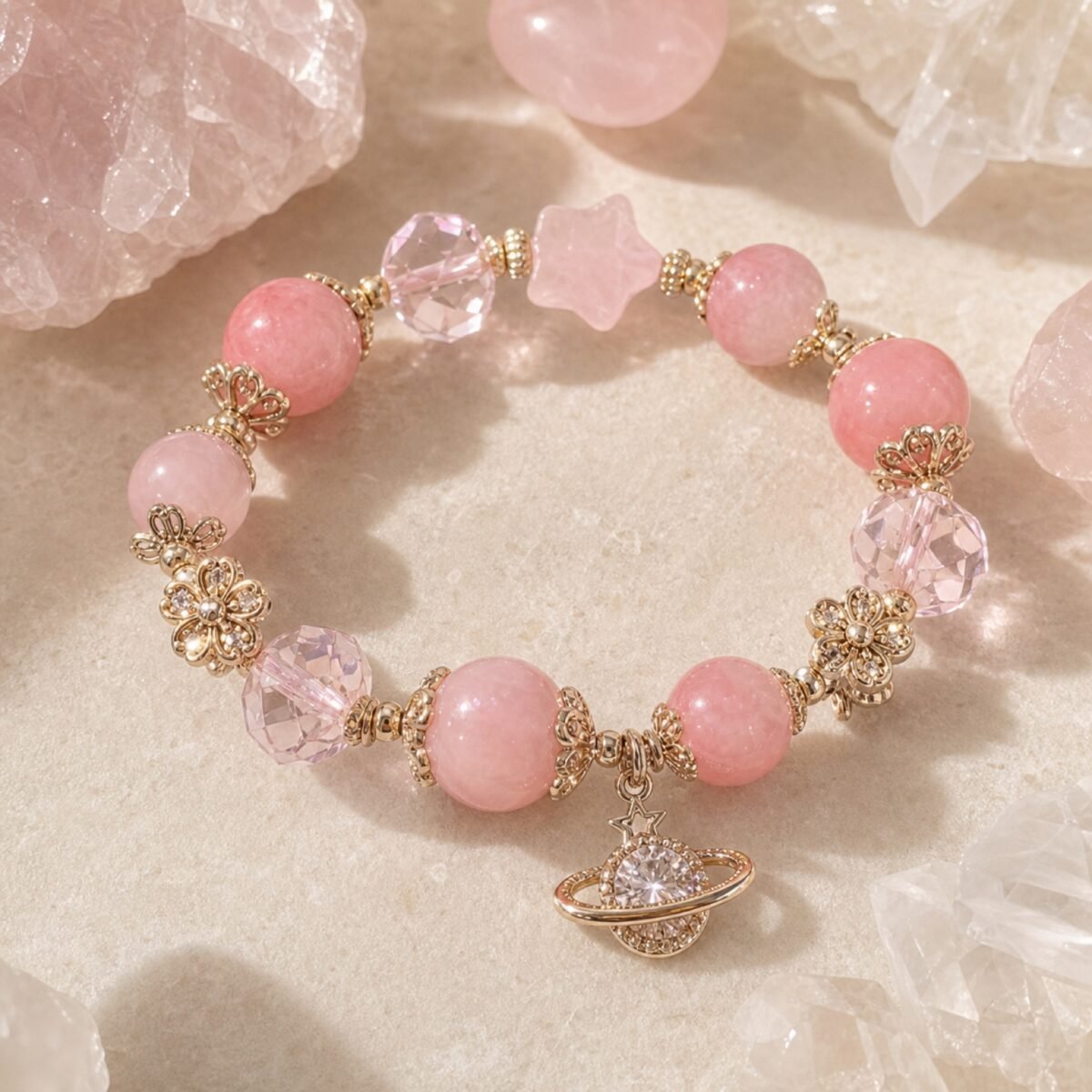 pink-planet-rose-quartz-star-bracelet-01-main Pink Planet Rose Quartz Star Bracelet with pink gemstone beads and celestial accents