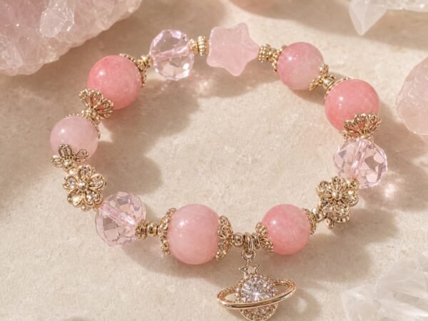 pink-planet-rose-quartz-star-bracelet-01-main Pink Planet Rose Quartz Star Bracelet with pink gemstone beads and celestial accents