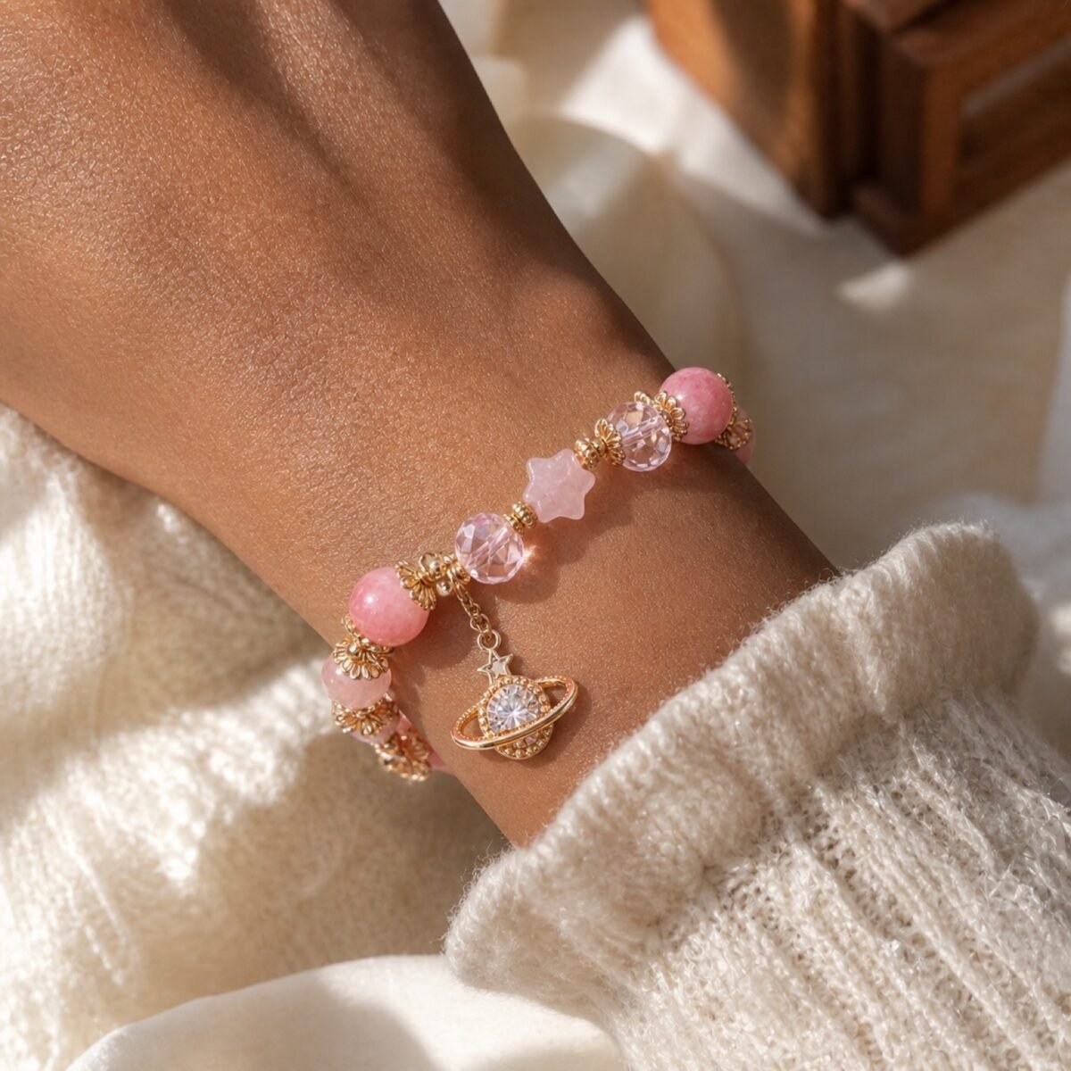 pink-planet-rose-quartz-star-bracelet-02-black-wrist Pink Planet Rose Quartz Star Bracelet