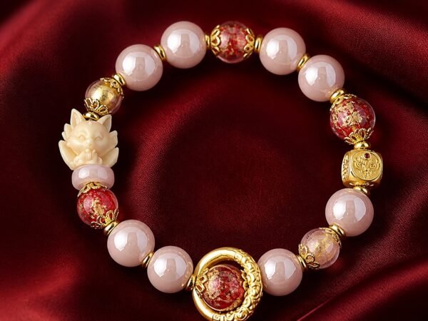 pink-porcelain-nine-tailed-fox-love-luck-bracelet-01-main Nine-Tailed Fox Love Luck Bracelet with pink porcelain beads and gold-foil glass accents