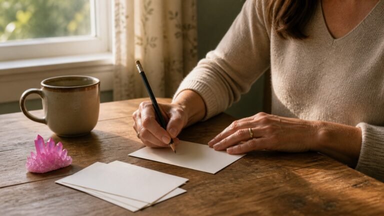 A person writes a friendship note beside pink stones and blank cards