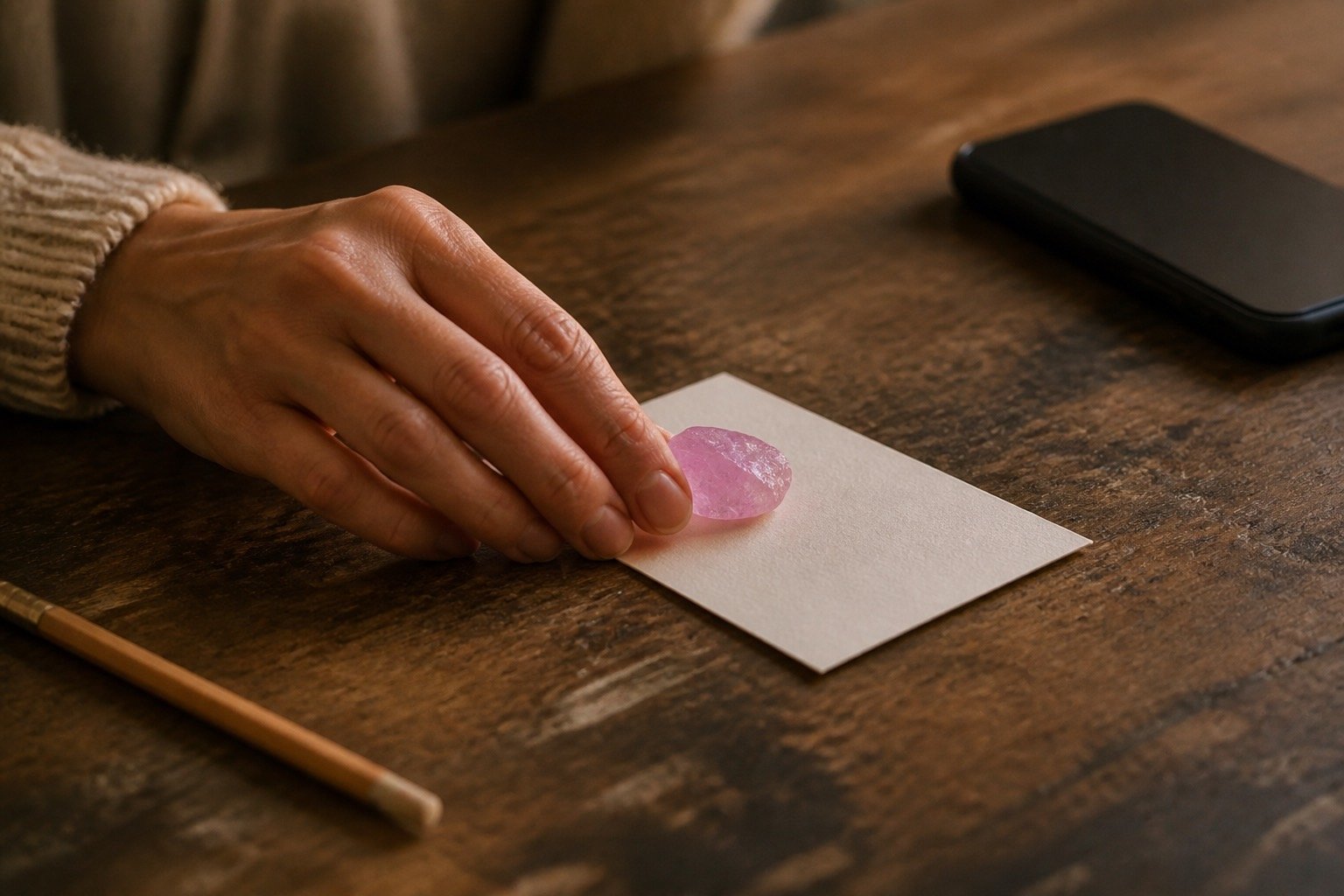 A pink stone rests on a face-down note card after a message has been sent