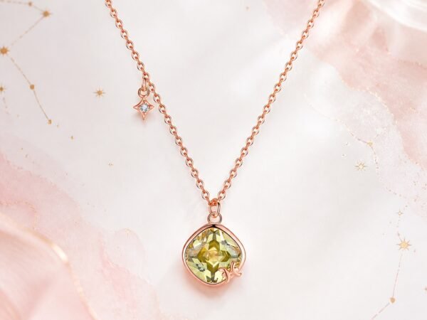 pisces-crystal-zodiac-necklace-01-product Pisces rose gold crystal zodiac necklace with pale yellow-green crystal and Pisces glyph