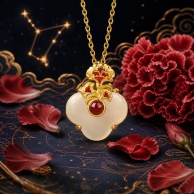 Pisces Carnation Necklace pendant in gold-tone S925 sterling silver with white chalcedony and red agate framed by red carnations