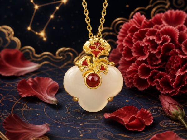 pisces-eastern-guardian-flower-necklace-01-product Pisces Carnation Necklace pendant in gold-tone S925 sterling silver with white chalcedony and red agate framed by red carnations