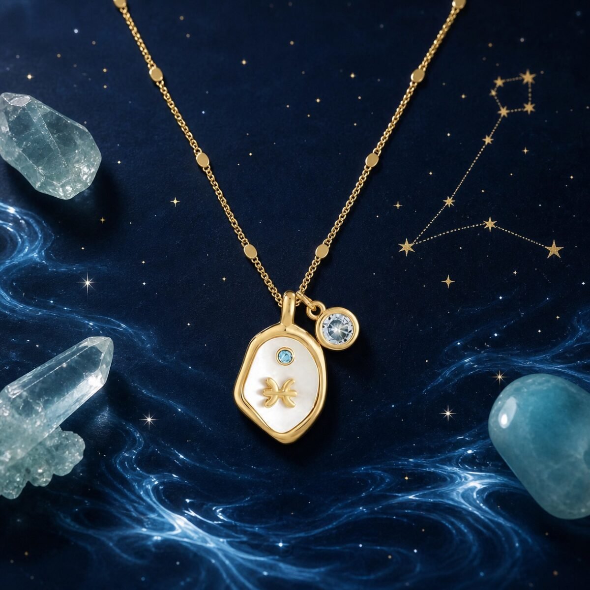 pisces-pearlescent-zodiac-birthstone-necklace-01-product Pisces aquamarine necklace with pearlescent zodiac pendant on a blue celestial background