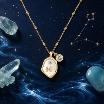 pisces-pearlescent-zodiac-birthstone-necklace-01-product Pisces aquamarine necklace with pearlescent zodiac pendant on a blue celestial background