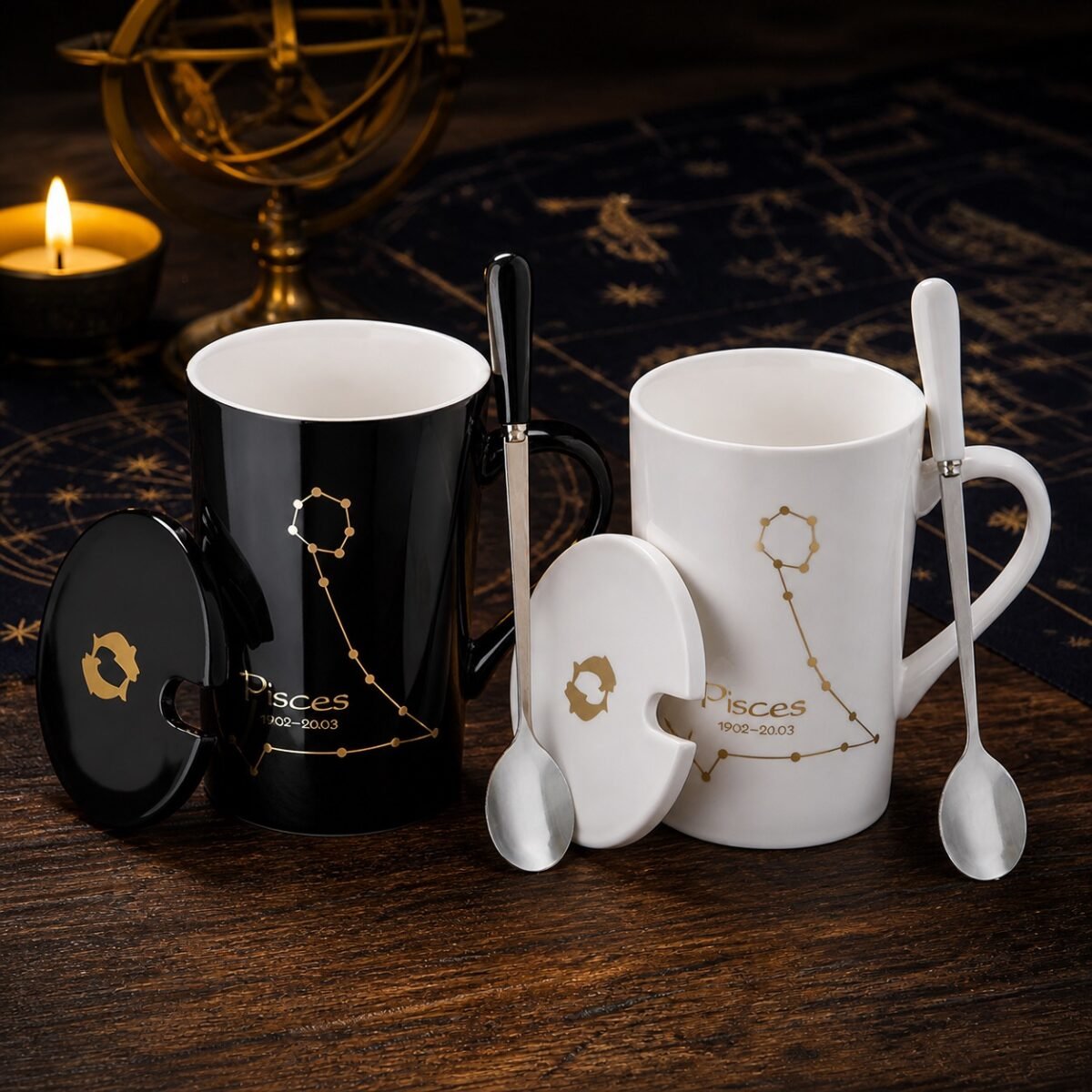 Pisces Ceramic Mug Set with gold-fired constellation design, ceramic lid, and spoon