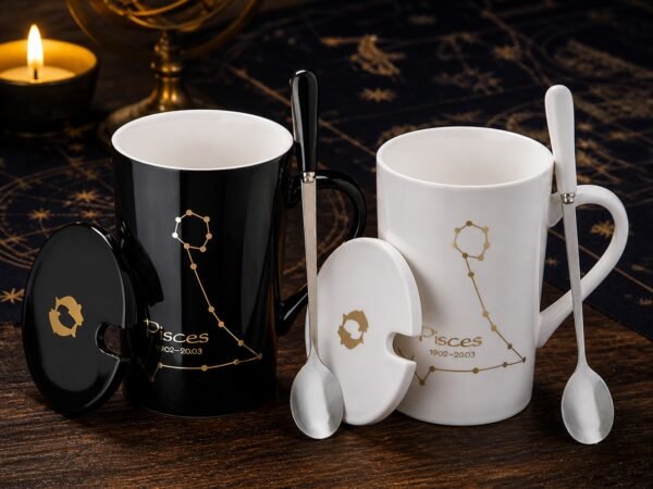 pisces-zodiac-constellation-ceramic-mug-set-01-black-white-pair Pisces Ceramic Mug Set with gold-fired constellation design, ceramic lid, and spoon