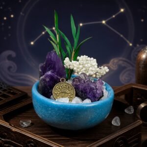 Pisces Crystal Micro-Landscape Desk Decor with amethyst cluster, clear quartz chips, botanical accents, and zodiac medallion