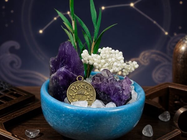 pisces-zodiac-crystal-micro-landscape-desk-decor-01-main Pisces Crystal Micro-Landscape Desk Decor with amethyst cluster, clear quartz chips, botanical accents, and zodiac medallion