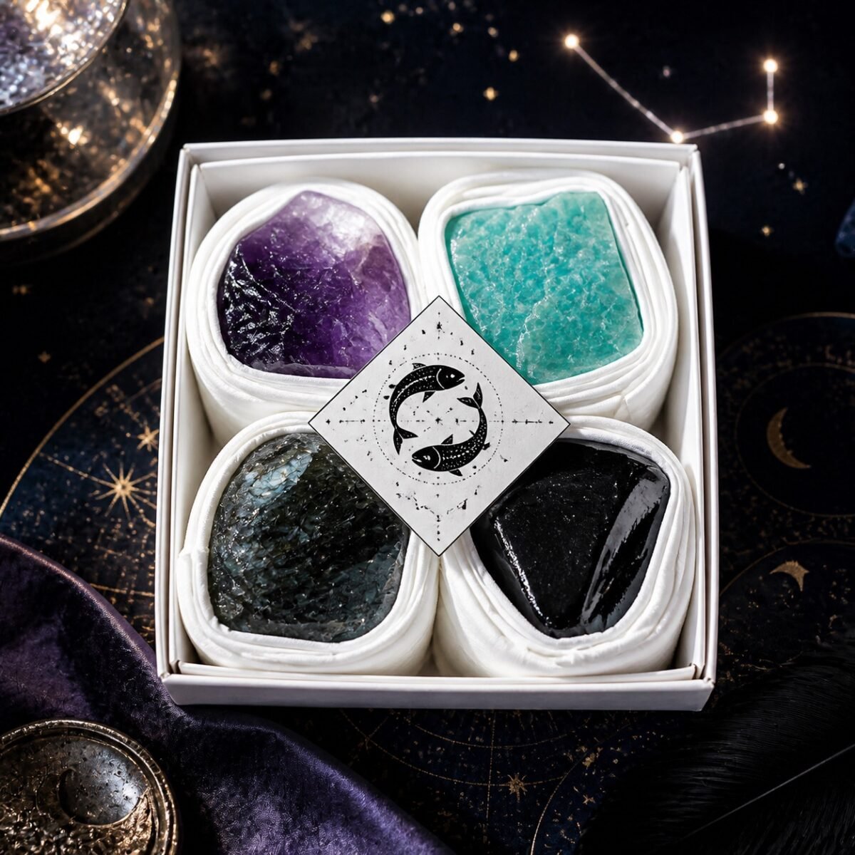 Pisces Four Raw Crystal Gift Set in a box with natural raw stones