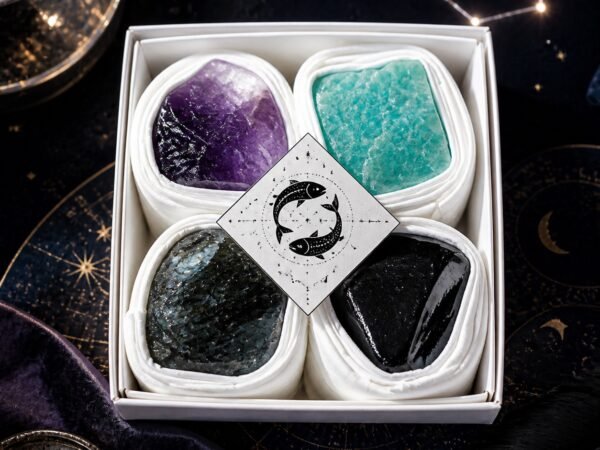 pisces-zodiac-four-raw-crystal-gift-set-01-box Pisces Four Raw Crystal Gift Set in a box with natural raw stones