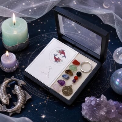 Pisces Seven Chakra Crystal Keychain with seven raw stones, three accent beads, and brass-tone medallion