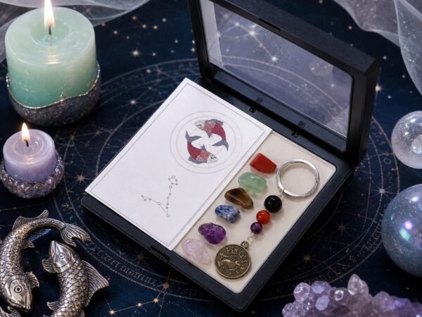 pisces-zodiac-seven-chakra-crystal-keychain-gift-set-01-box Pisces Seven Chakra Crystal Keychain with seven raw stones, three accent beads, and brass-tone medallion