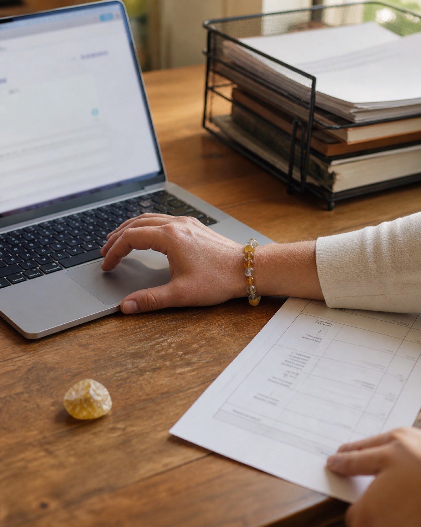 Yellow light cue: a person works beside a yellow stone while reviewing an invoice at a desk