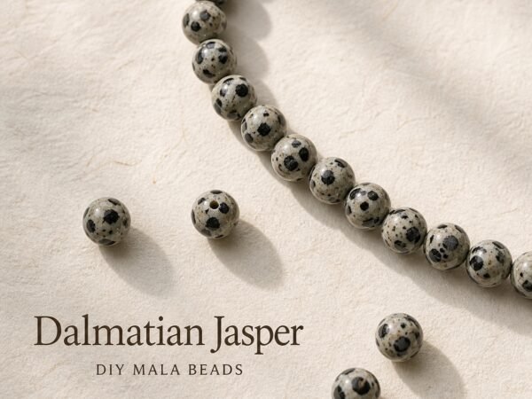 premium-dalmatian-jasper-loose-beads-diy-mala-text-main Dalmatian Jasper beads arranged for DIY mala making