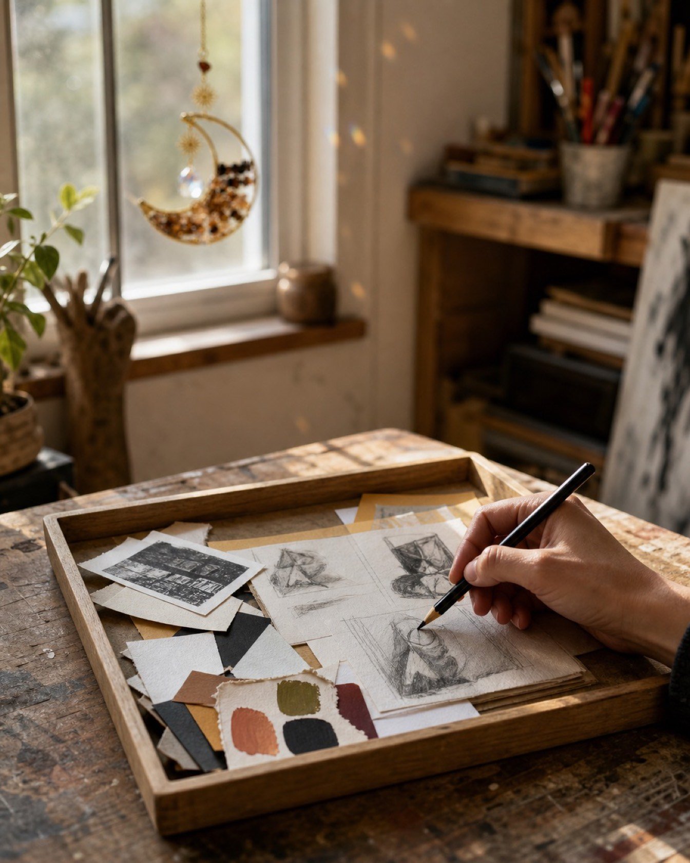 Creative restart: a hand sketches among draft fragments and colour swatches in a shallow wooden tray
