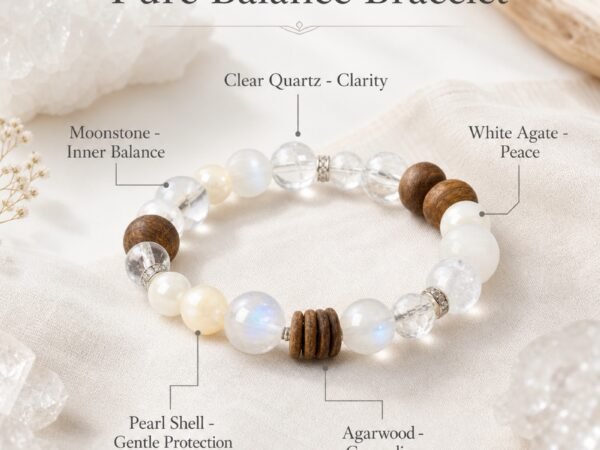 Moonstone Clear Quartz Bracelet arranged in a circle with white, clear, blue-grey, and warm wood beads on an annotated product card.