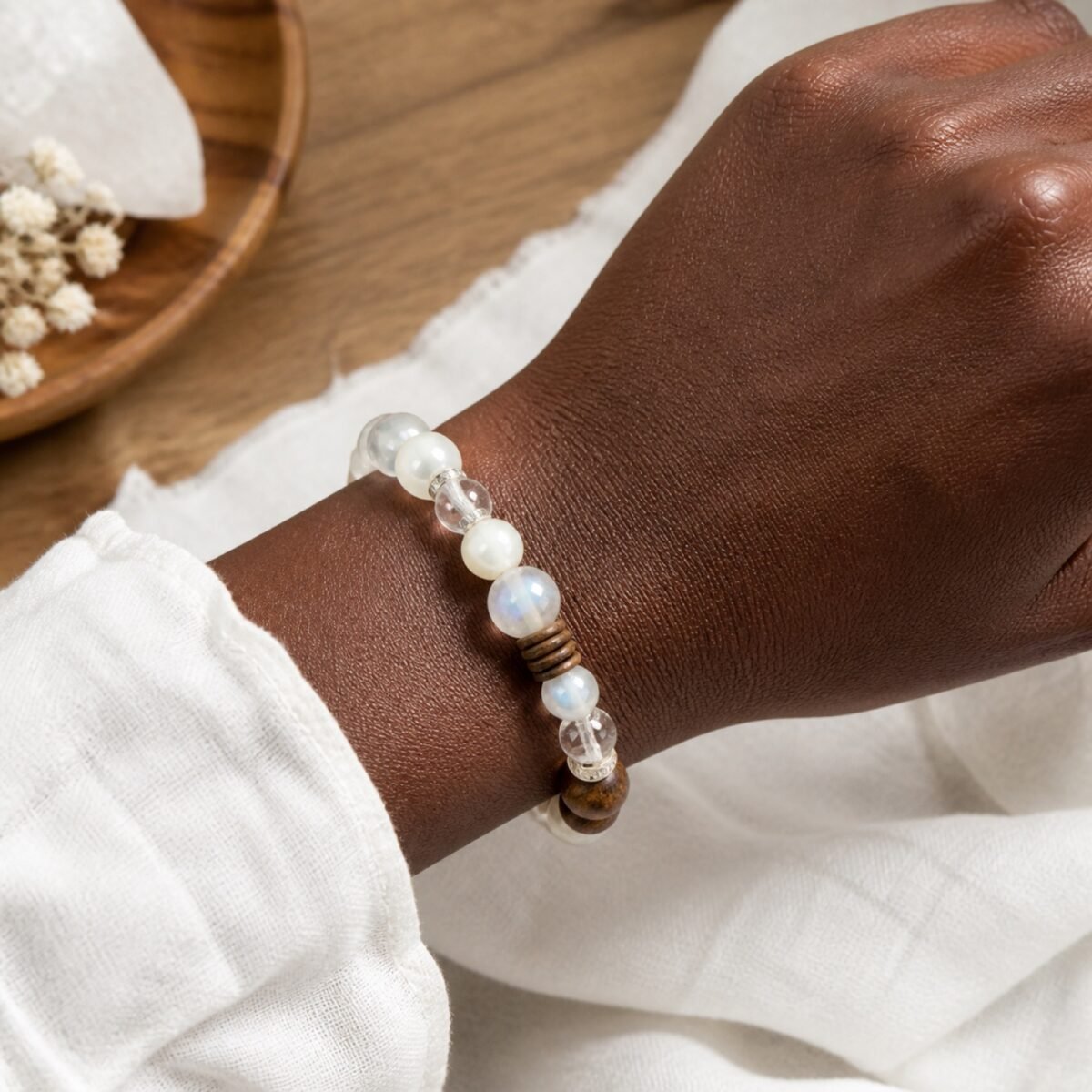 pure-balance-moonstone-clear-quartz-bracelet-07-black-hand Pure Balance Moonstone & Clear Quartz Bracelet