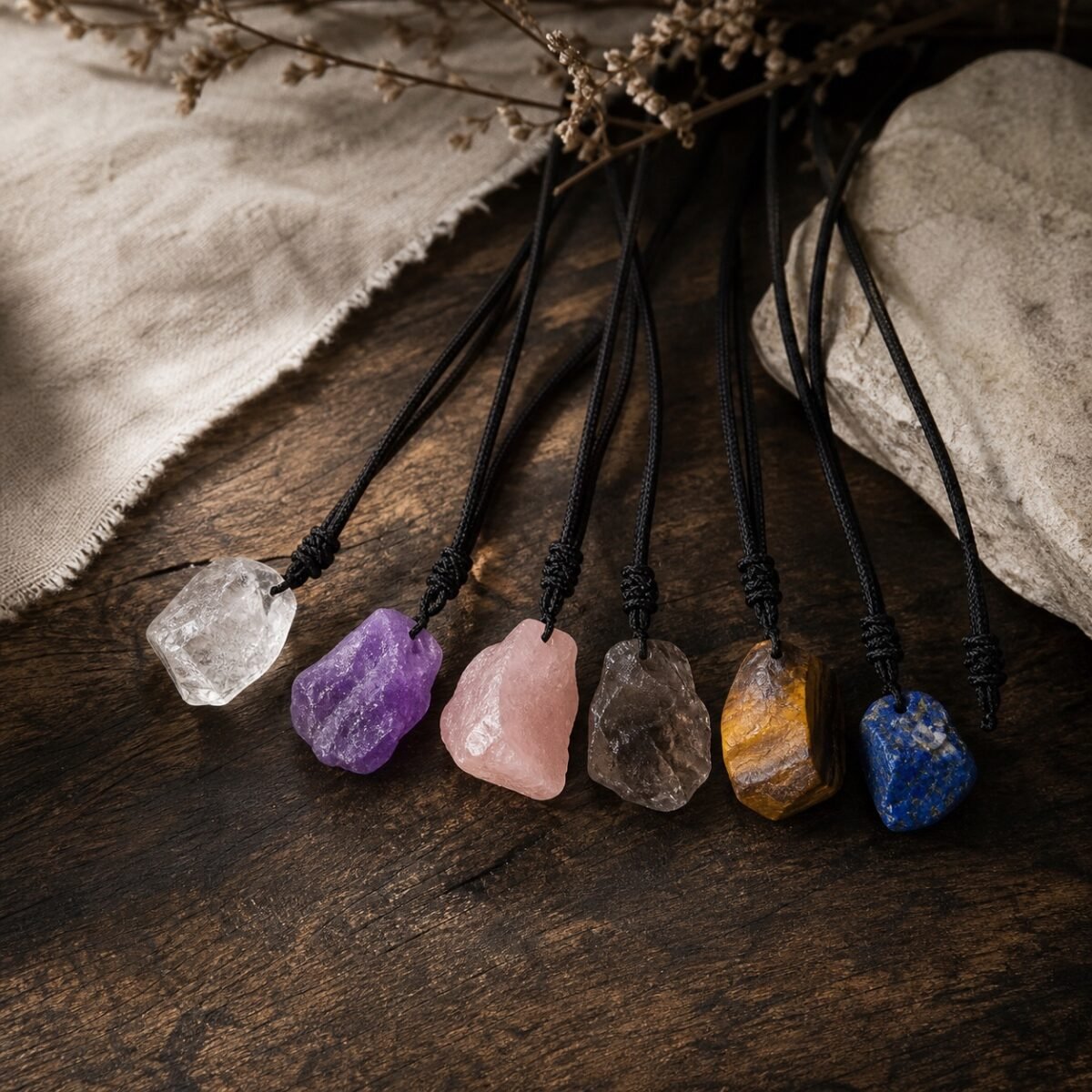 Raw crystal talisman pendant collection with natural raw-stone variations
