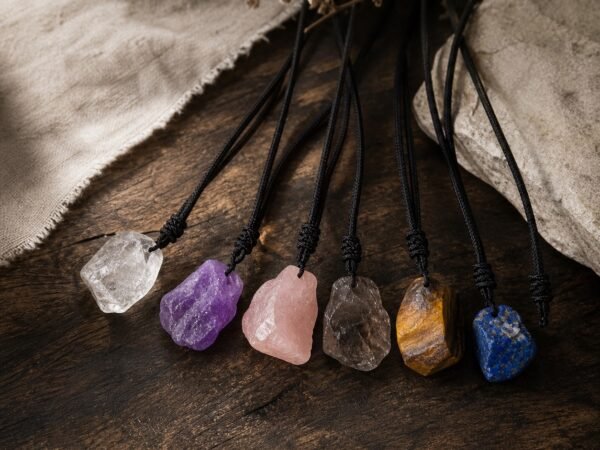 Raw crystal talisman pendant collection with natural raw-stone variations