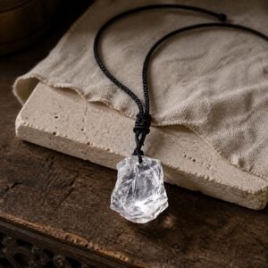Clear quartz raw crystal pendant with adjustable black braided cord