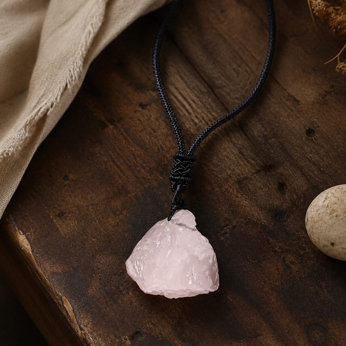 raw-crystal-talisman-pendant-collection-04-rose-quartz Rose quartz raw crystal pendant with adjustable black braided cord