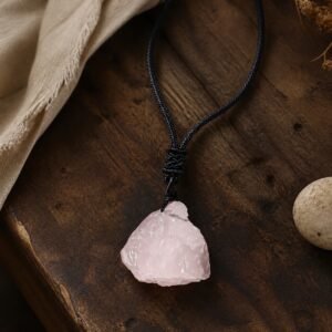 Rose quartz raw crystal pendant with adjustable black braided cord