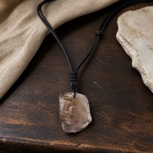 Smoky quartz raw crystal pendant with adjustable black braided cord