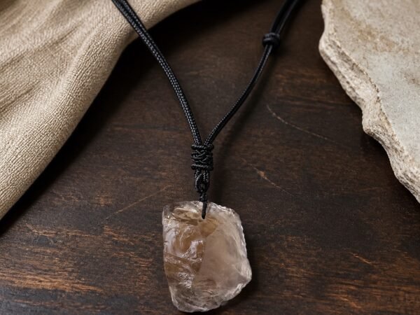 Smoky quartz raw crystal pendant with adjustable black braided cord