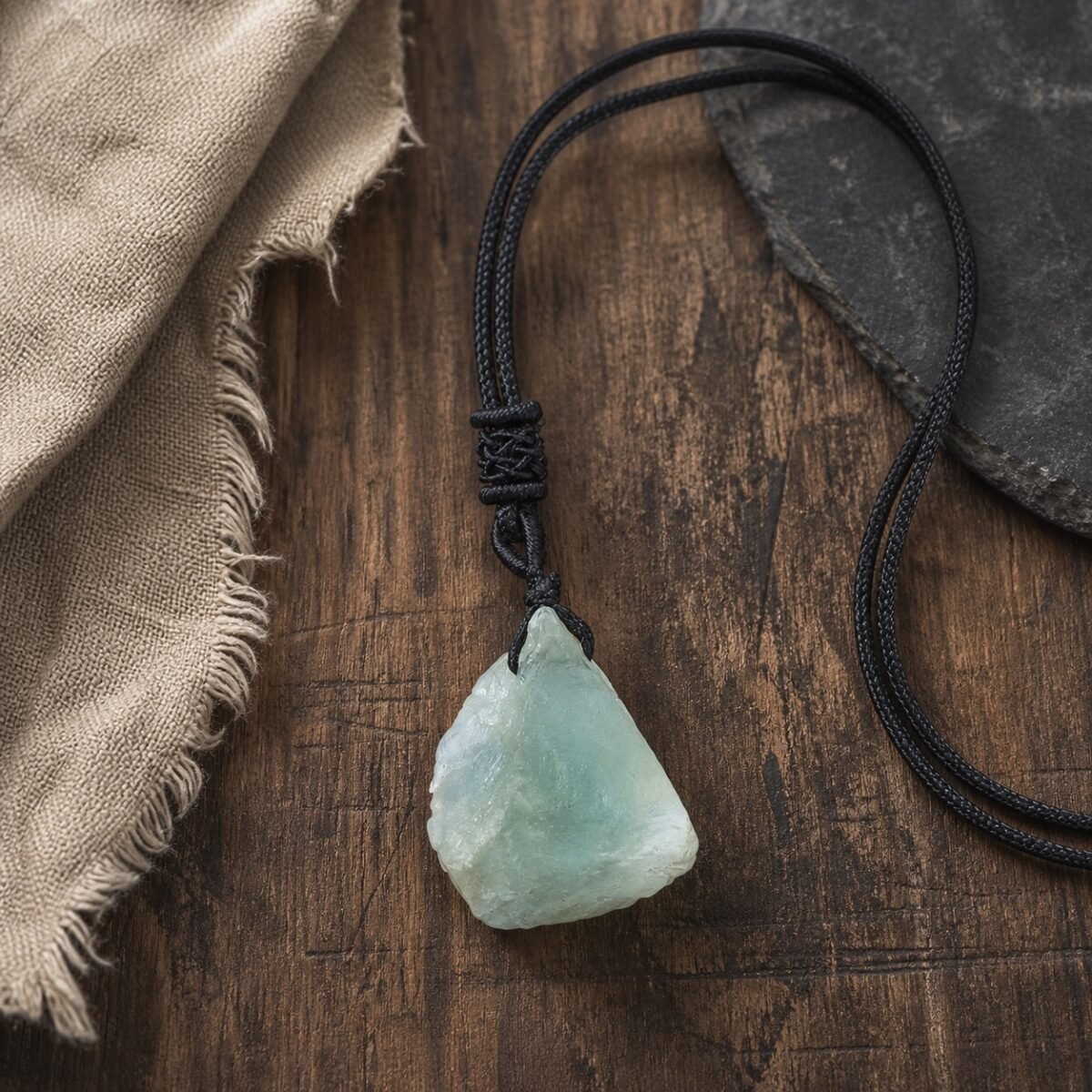 Green fluorite raw crystal pendant with adjustable black braided cord