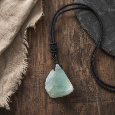 Green fluorite raw crystal pendant with adjustable black braided cord