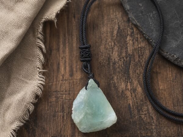 Green fluorite raw crystal pendant with adjustable black braided cord