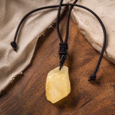 Citrine raw crystal pendant made of citrine with adjustable black braided cord