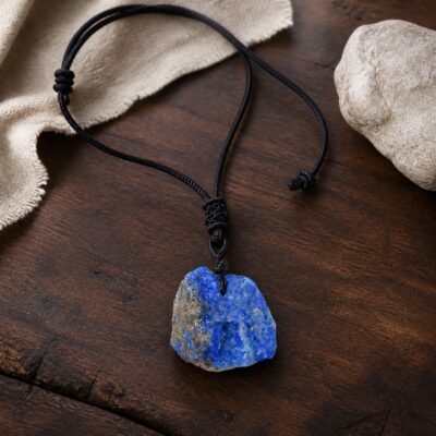 Lapis lazuli raw stone pendant on adjustable black braided cord