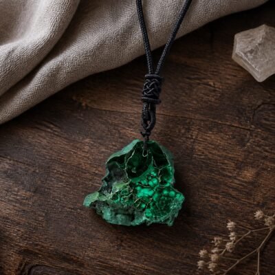 raw-crystal-talisman-pendant-collection-13-malachite Malachite raw crystal pendant on adjustable black braided cord