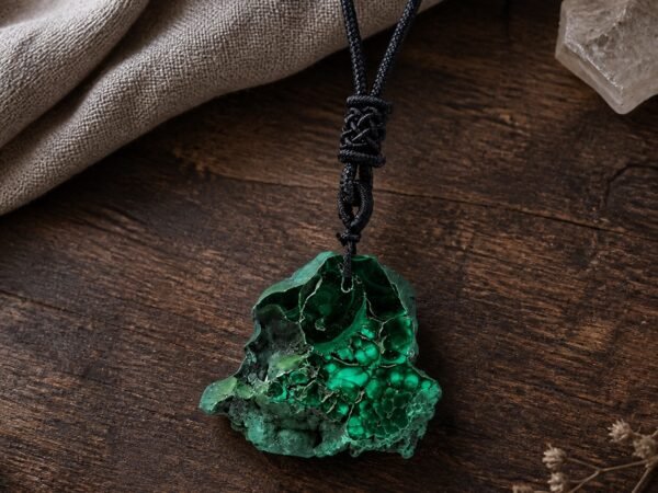 Malachite raw crystal pendant on adjustable black braided cord