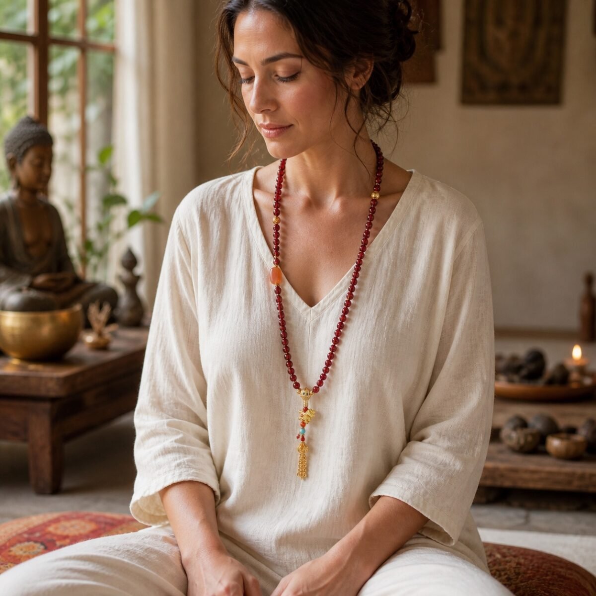 red-agate-fortune-charm-mala-wear-light Red Agate Fortune Charm Mala