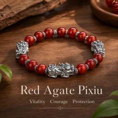 red-agate-pixiu-vitality-bracelet-01-main Red Agate Pixiu bracelet with red beads and a Thai-silver focal charm