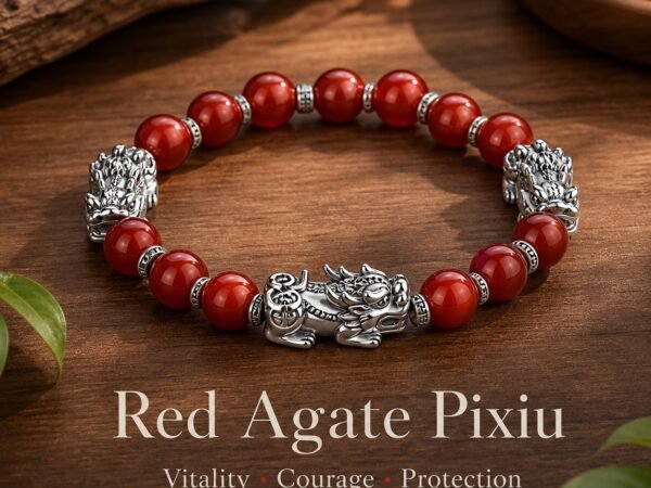 red-agate-pixiu-vitality-bracelet-01-main Red Agate Pixiu bracelet with red beads and a Thai-silver focal charm
