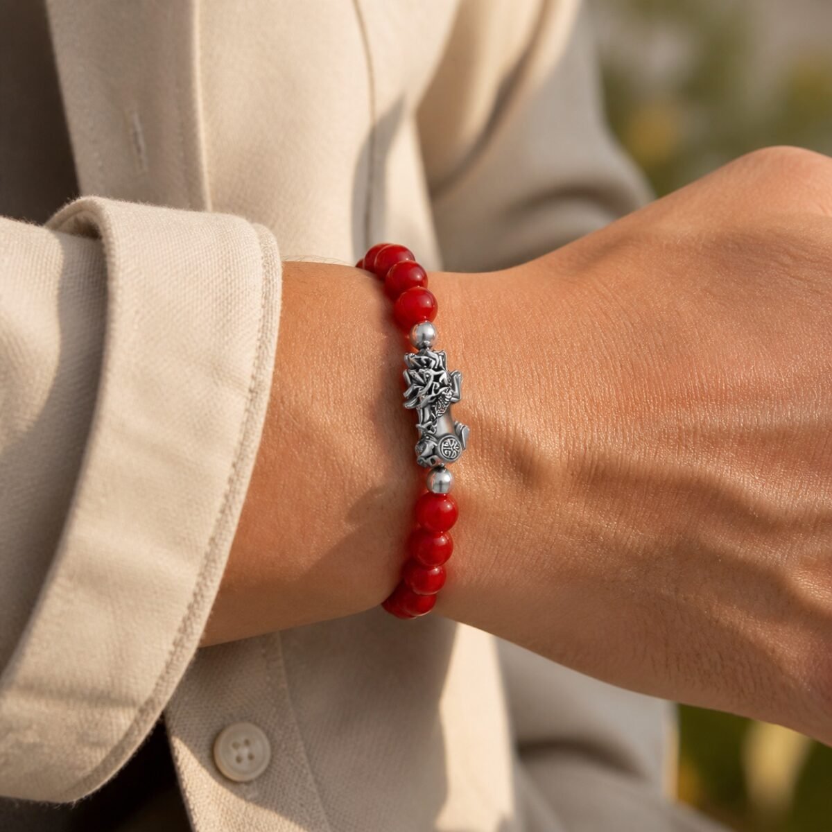 red-agate-pixiu-vitality-bracelet-02-wearing Red Agate Pixiu Vitality Bracelet
