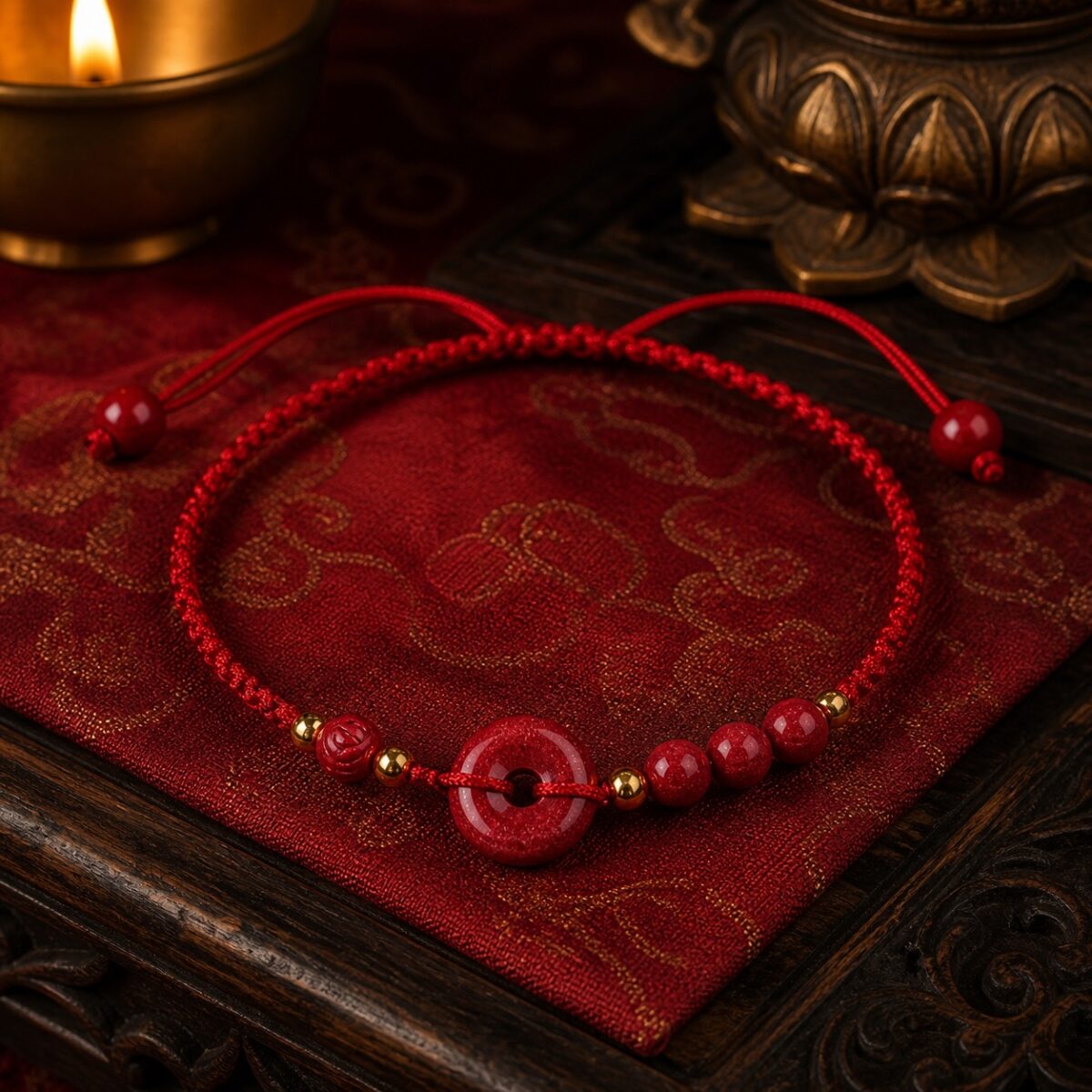Red cinnabar peace knot anklet with braided red cord, focal charm, small red beads and gold-tone spacers