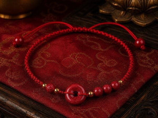 Red cinnabar peace knot anklet with braided red cord, focal charm, small red beads and gold-tone spacers