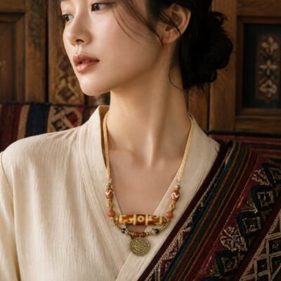 Guru Rinpoche Dzi Necklace with red-toned focal bead and red-gold cord